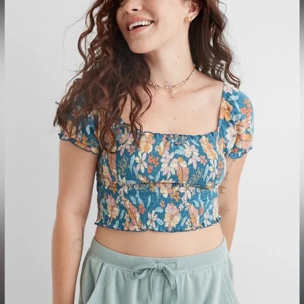 Aerie smocked puff sleeve crop top blue  floral print small